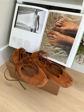Prada Suede Lace-Up Ballet Flats in Cognac Brown
